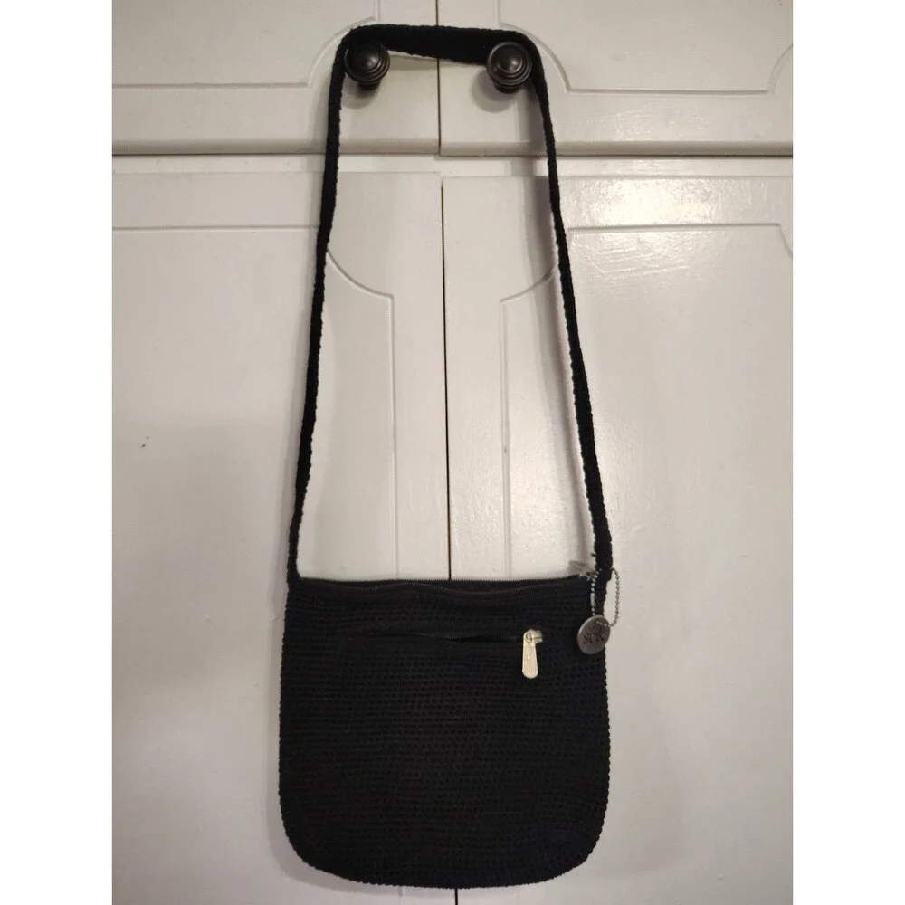 The Sak Black Crochet Shoulder Bag Purse Top Zip Closure Small